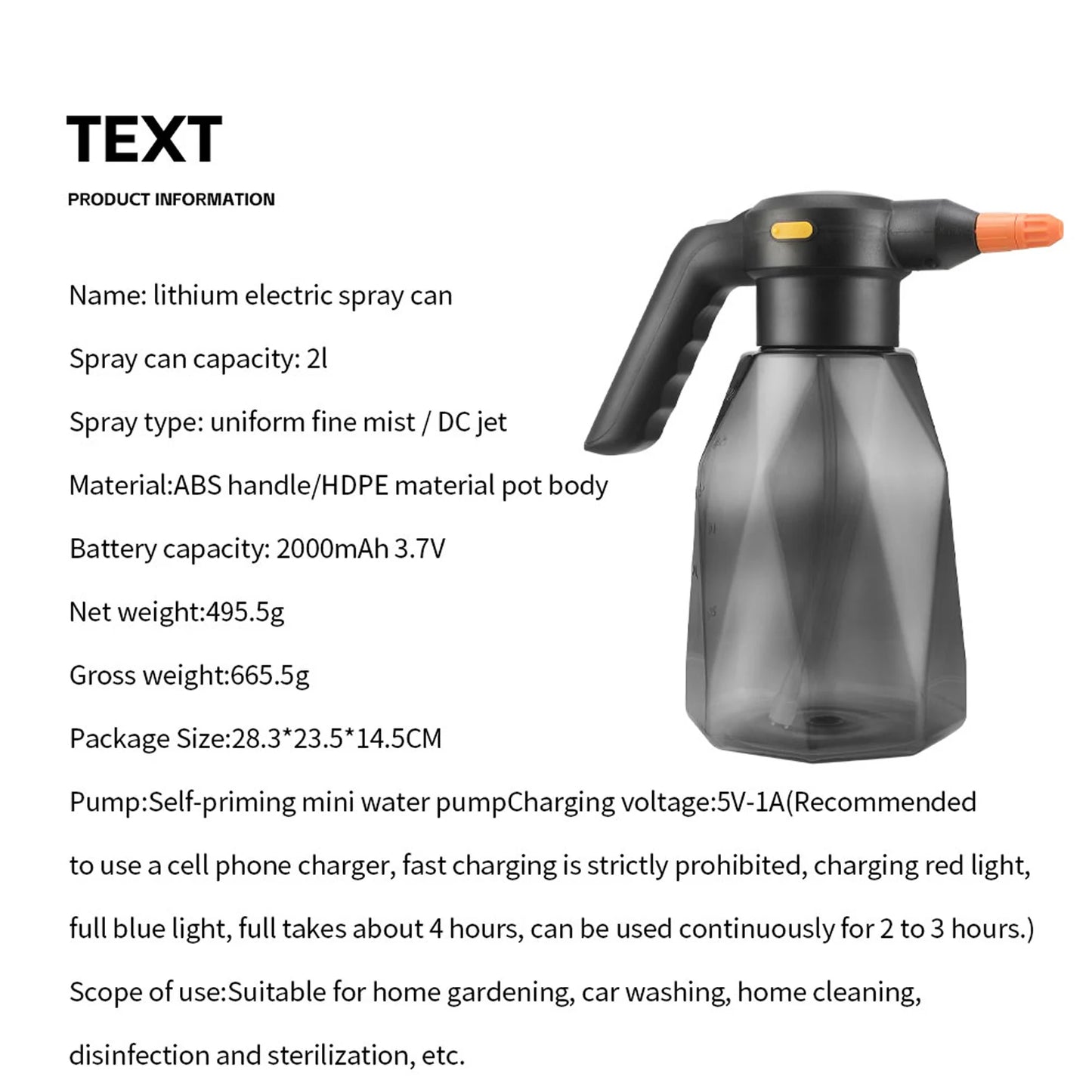 Electric Spray Bottle 2l, Rechargeable Battery Powered Spray